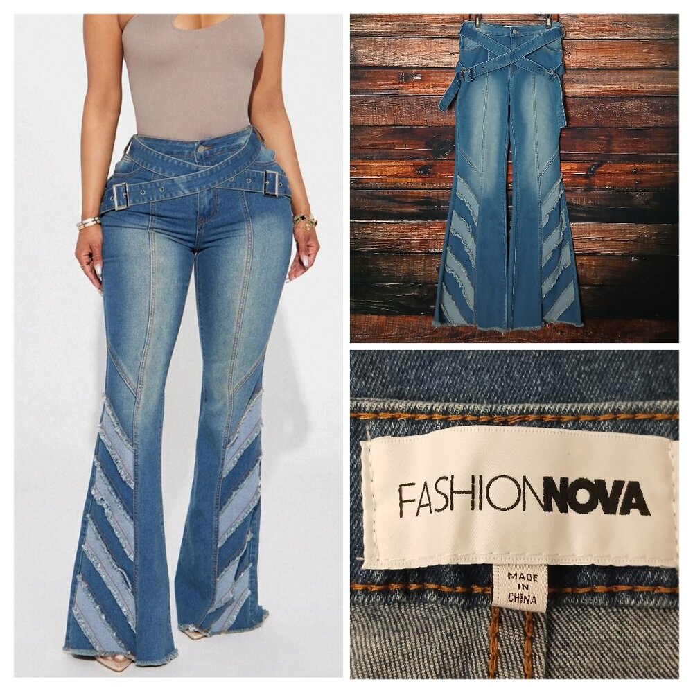 Fashion Nova Jeans 11 Belted Flare Fringe High Rise Raw Hem Blue Denim Stretch